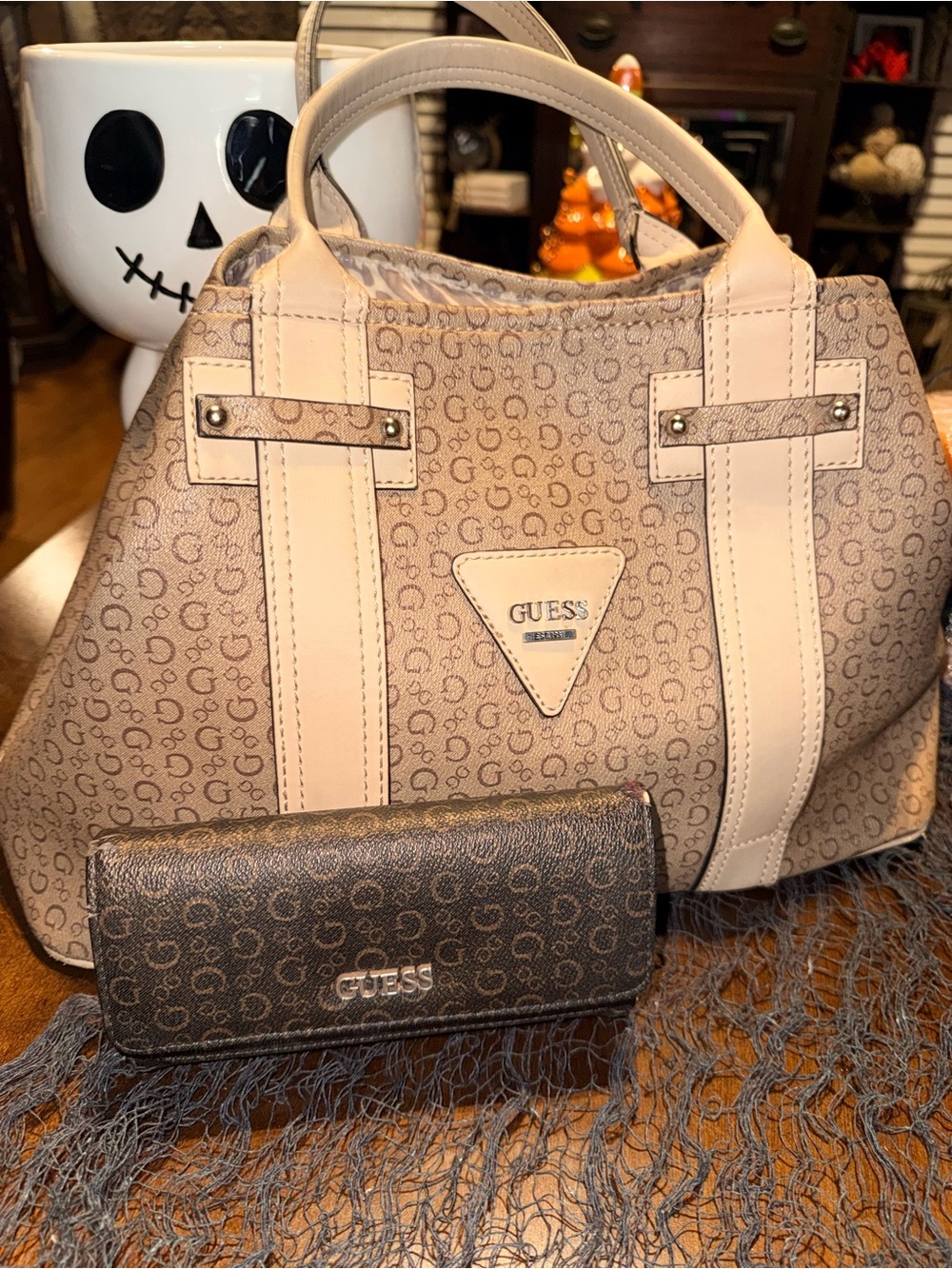 GUESS Beige Monogram Satchel with Matching Brown Monogram Wallet